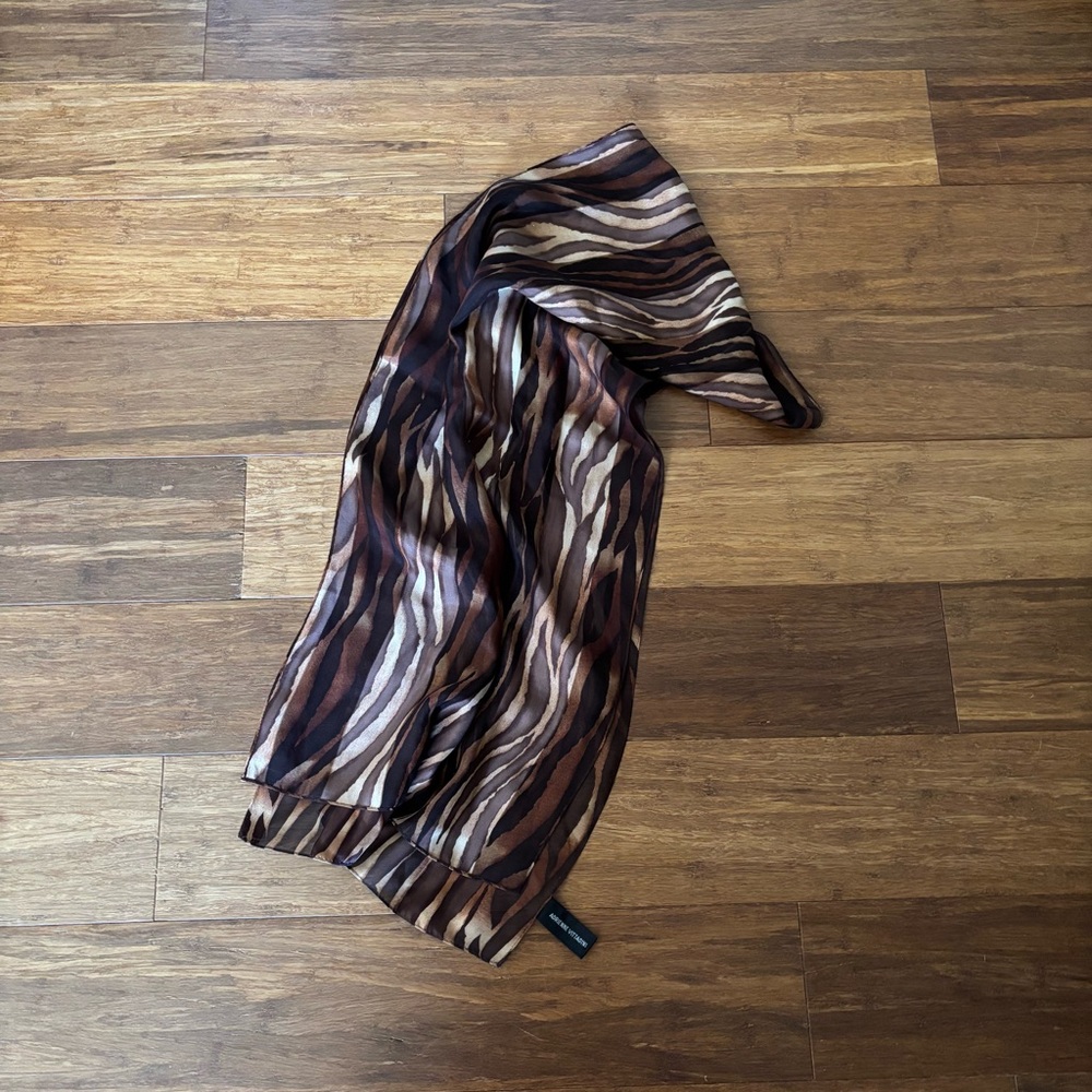 VTG Adrienne Vittadini 90s Animal Print Silk Scarf Sheer Zebra Brown 14x59 EUC